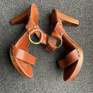 Frye Sophia Ring 73620 Brown Leather High Heel Strappy Slip On Sandals Wm 7M US